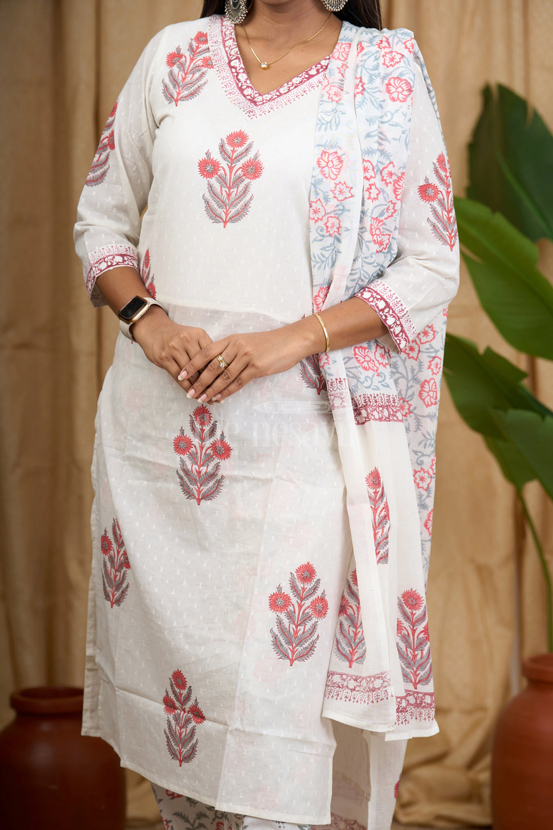 White Jaipuri Block Printed Straight Suit Set for Women with Floral Dupatta