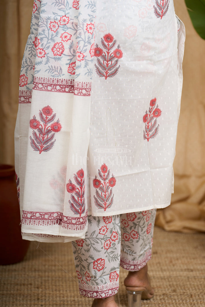 White Jaipuri Block Printed Straight Suit Set for Women with Floral Dupatta