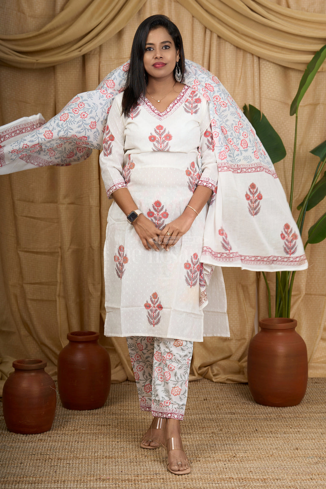 White Jaipuri Block Printed Straight Suit Set for Women with Floral Dupatta