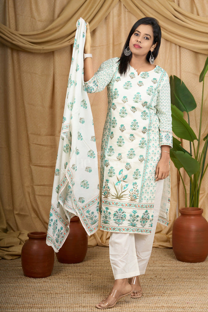 Cream Mul Cotton Women's Kurta Set with Floral Palazzo and Dupatta