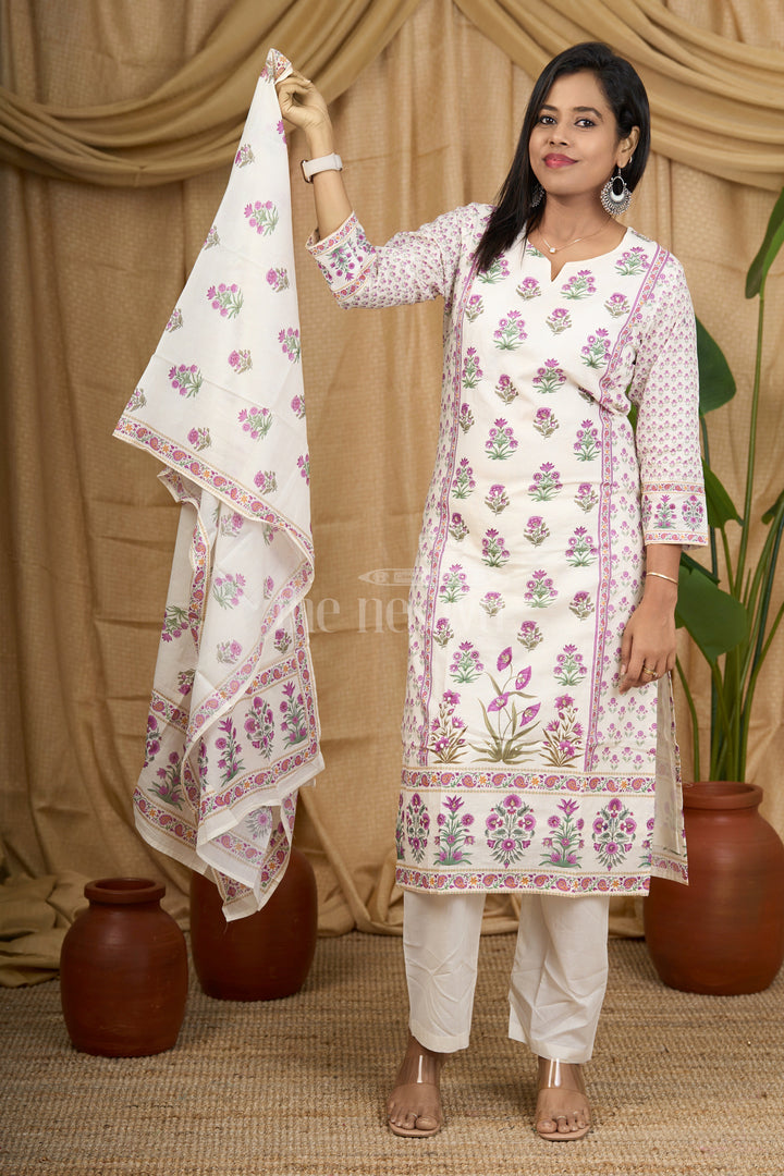 Purple Floral Print Mul Cotton Women's Straight Suit Set with Dupatta