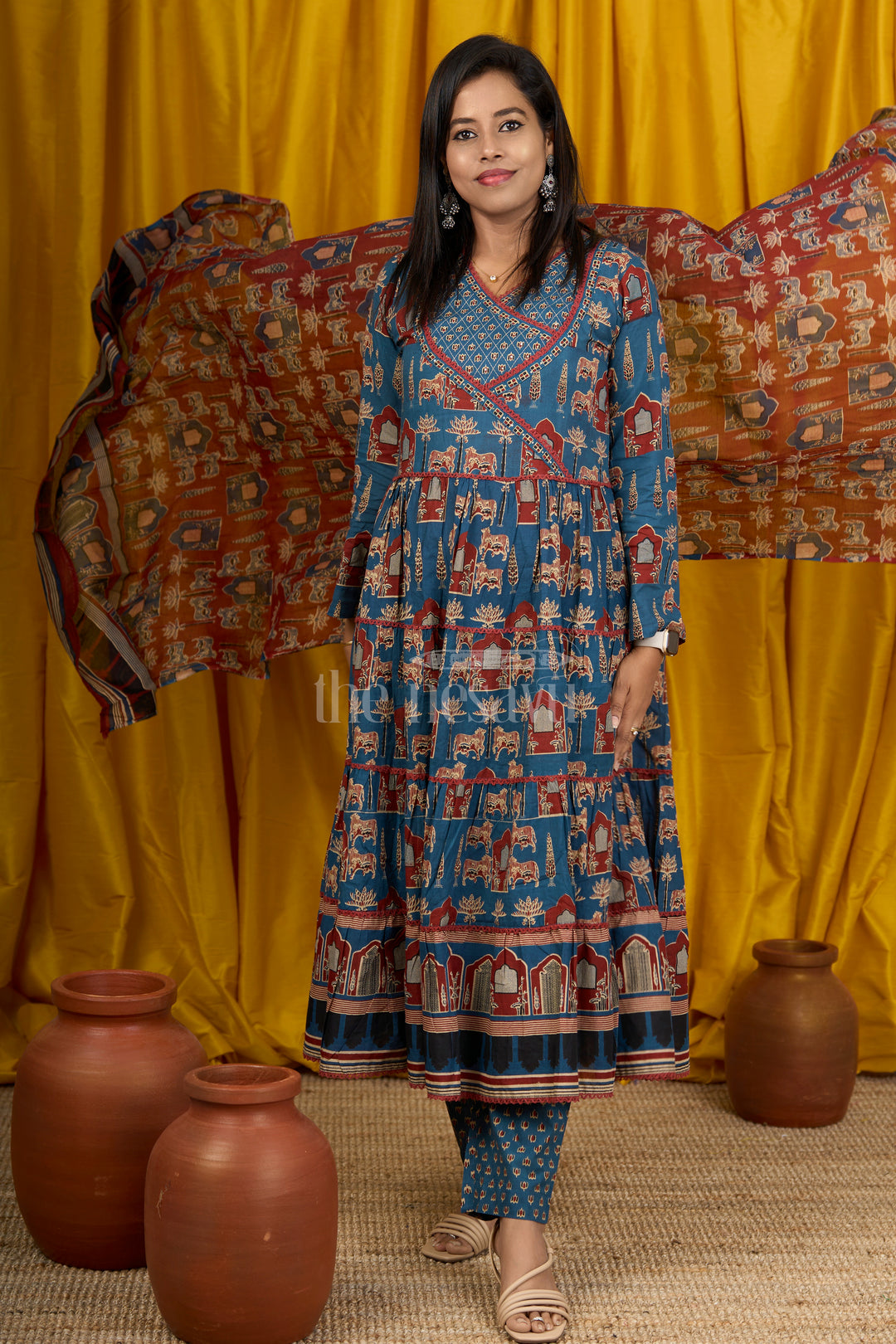 Blue Cotton Anarkali Dress with Temple Motifs and Embroidered Dupatta