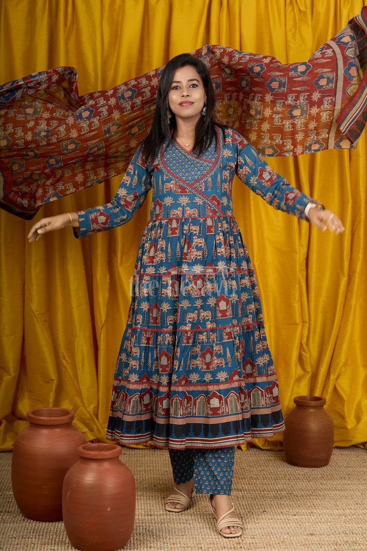 Blue Cotton Anarkali Dress with Temple Motifs and Embroidered Dupatta