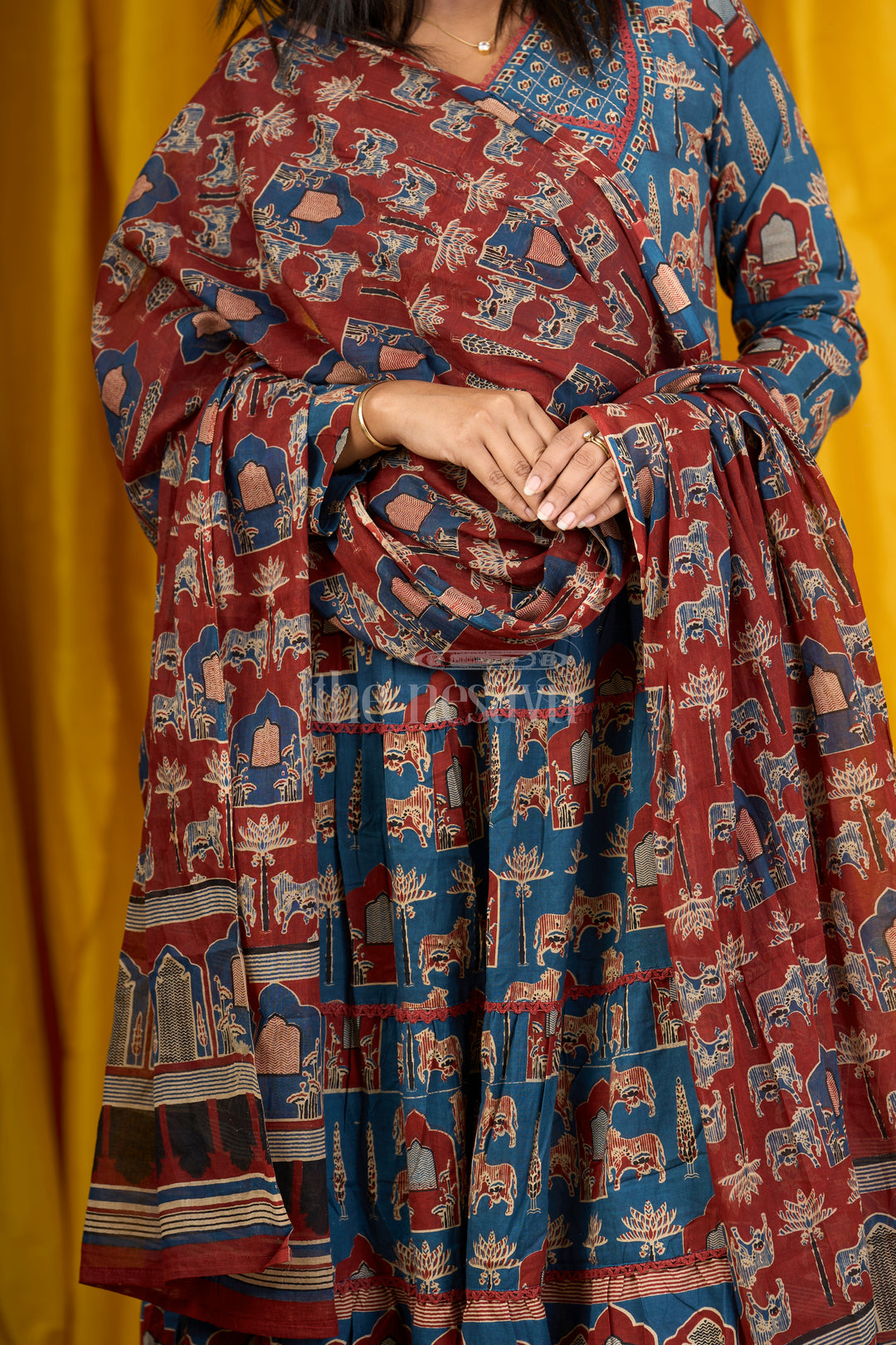 Blue Cotton Anarkali Dress with Temple Motifs and Embroidered Dupatta