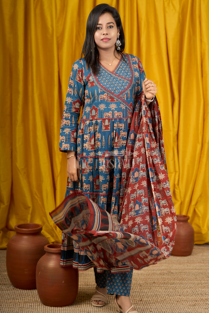 Blue Cotton Anarkali Dress with Temple Motifs and Embroidered Dupatta