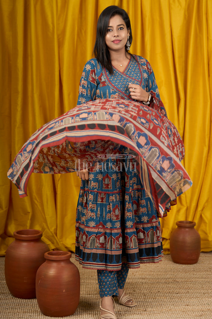 Blue Cotton Anarkali Dress with Temple Motifs and Embroidered Dupatta