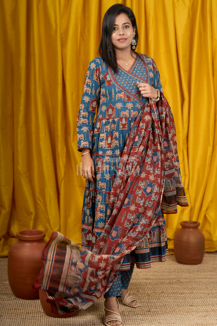 Blue Cotton Anarkali Dress with Temple Motifs and Embroidered Dupatta