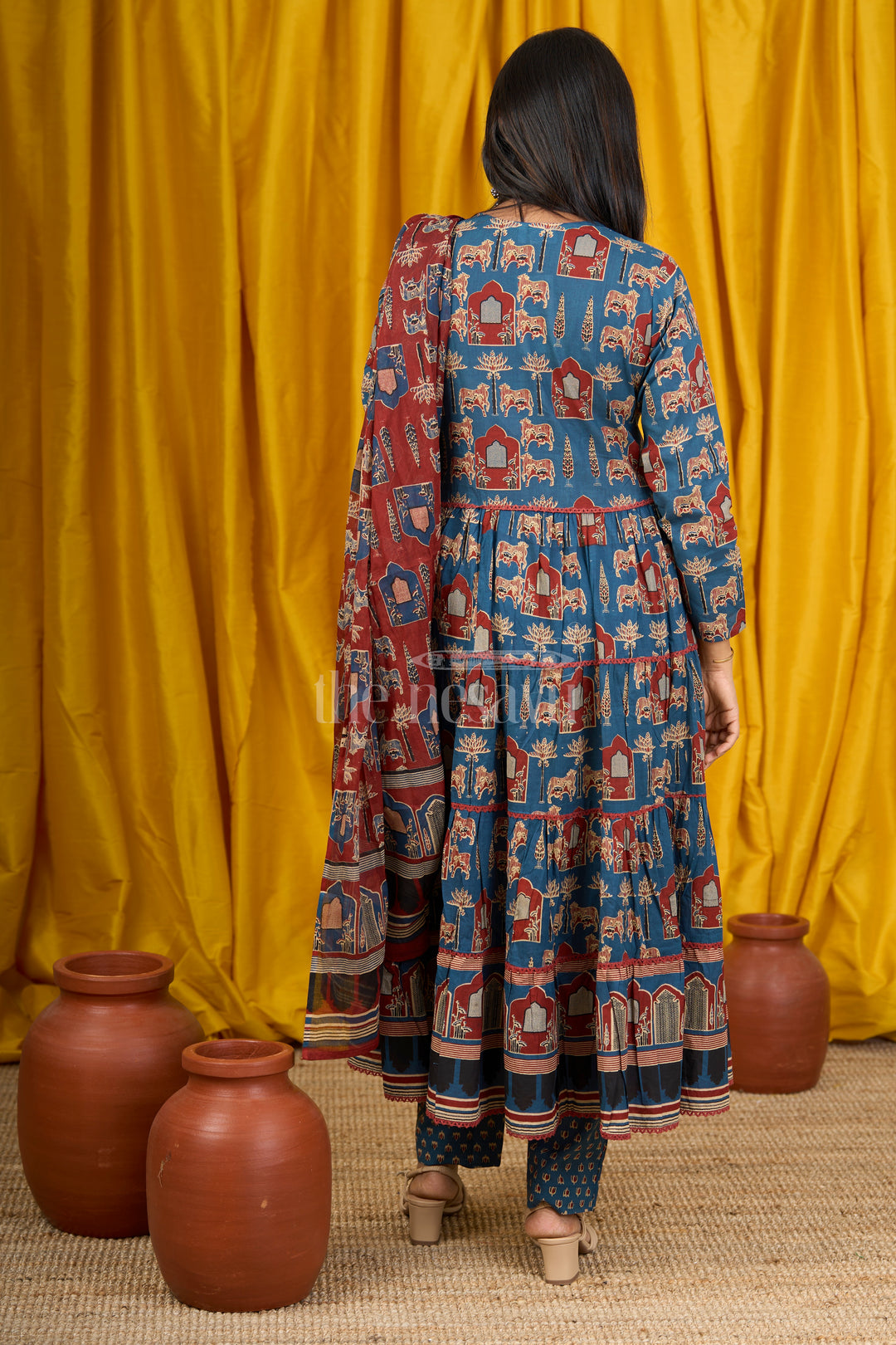 Blue Cotton Anarkali Dress with Temple Motifs and Embroidered Dupatta