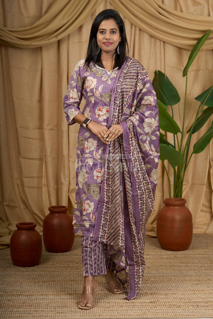 Purple Floral Cotton Women's Straight Kurta Set with Striped Pants and Dupatta