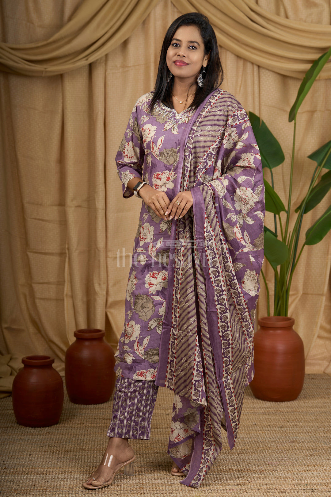 Purple Floral Cotton Women's Straight Kurta Set with Striped Pants and Dupatta