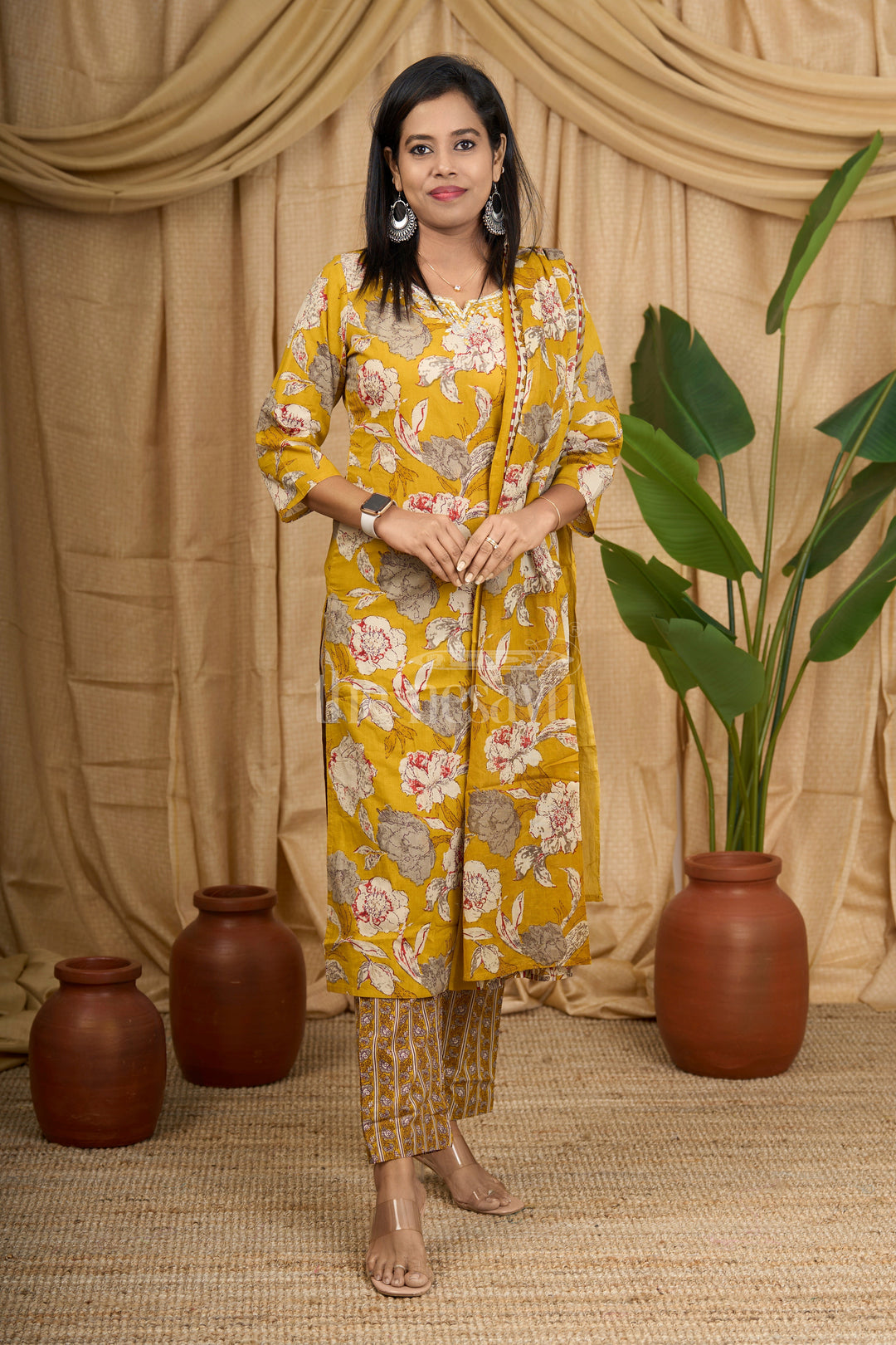 Mustard Floral Print Cotton Women's Straight Suit Set with Dupatta - Size 36 to 46