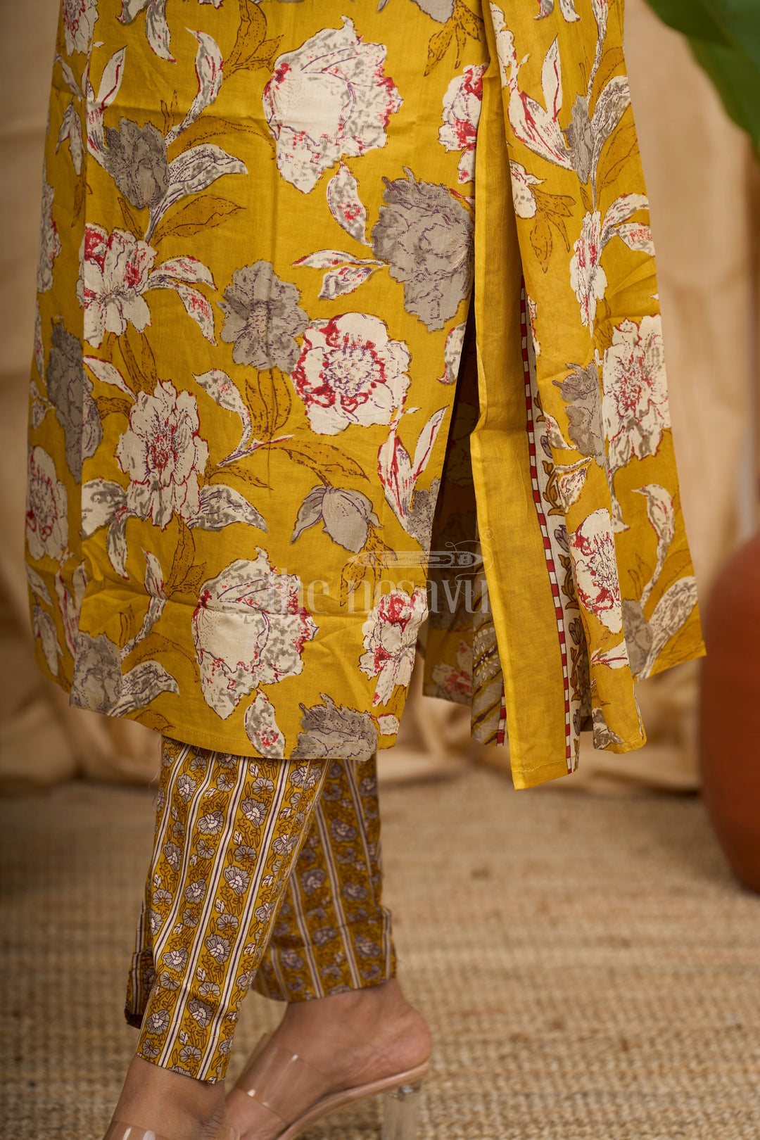 Mustard Floral Print Cotton Women's Straight Suit Set with Dupatta - Size 36 to 46