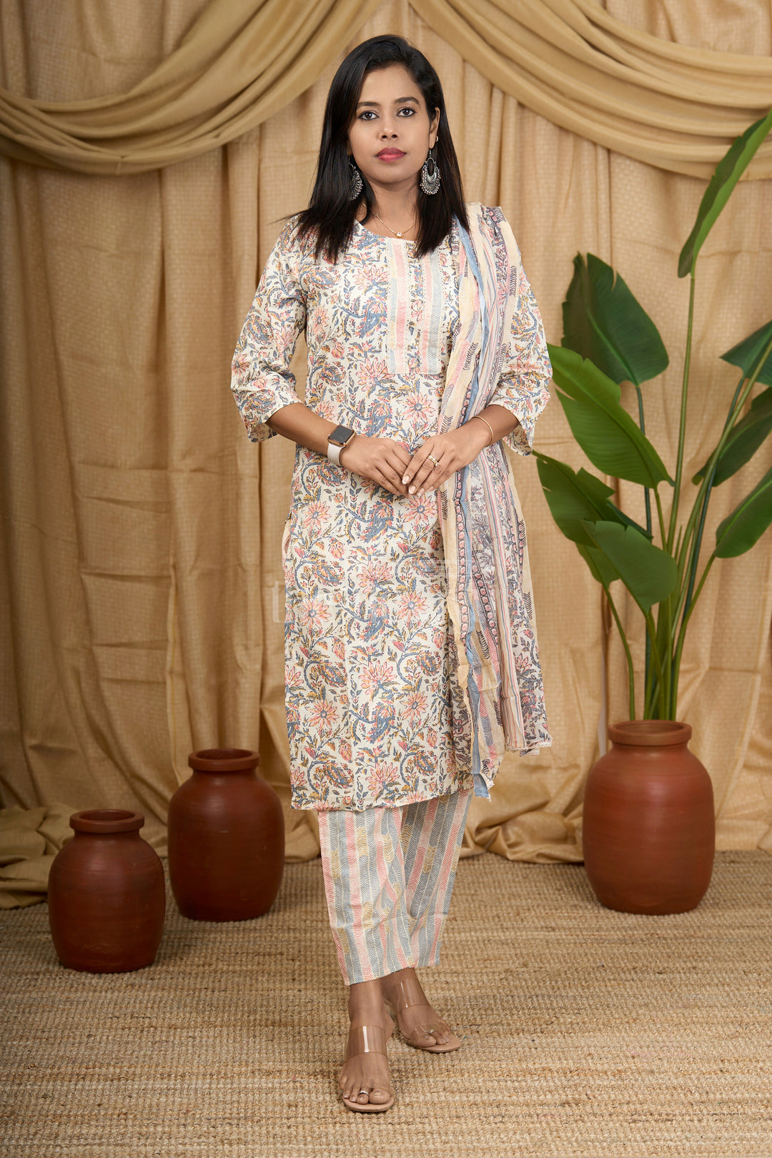 Cream Floral Cotton Women's Straight Kurta Set with Striped Pants and Dupatta