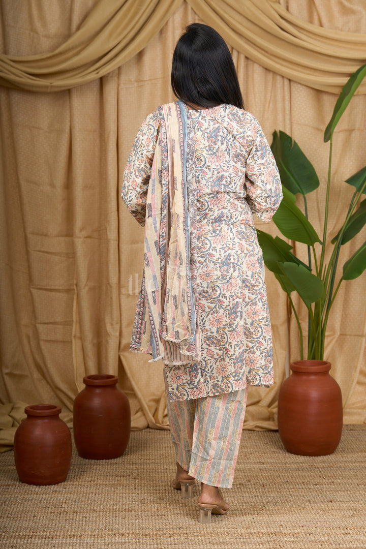 Cream Floral Cotton Women's Straight Kurta Set with Striped Pants and Dupatta