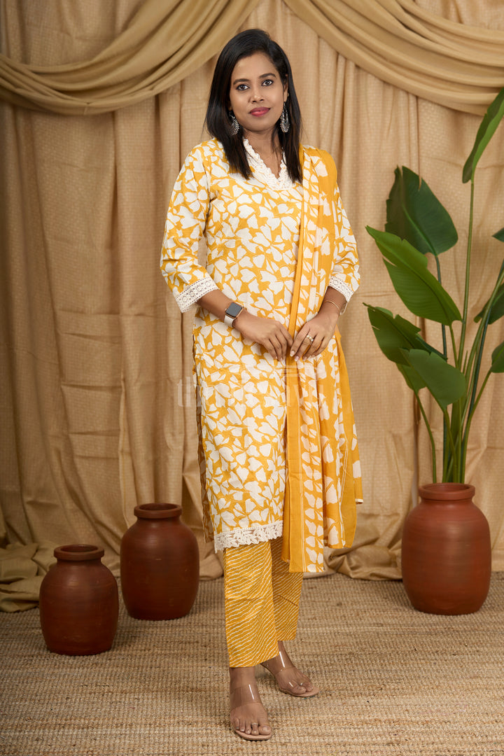 Mustard Yellow 3-Piece Cotton Straight Suit with Embroidered Neckline