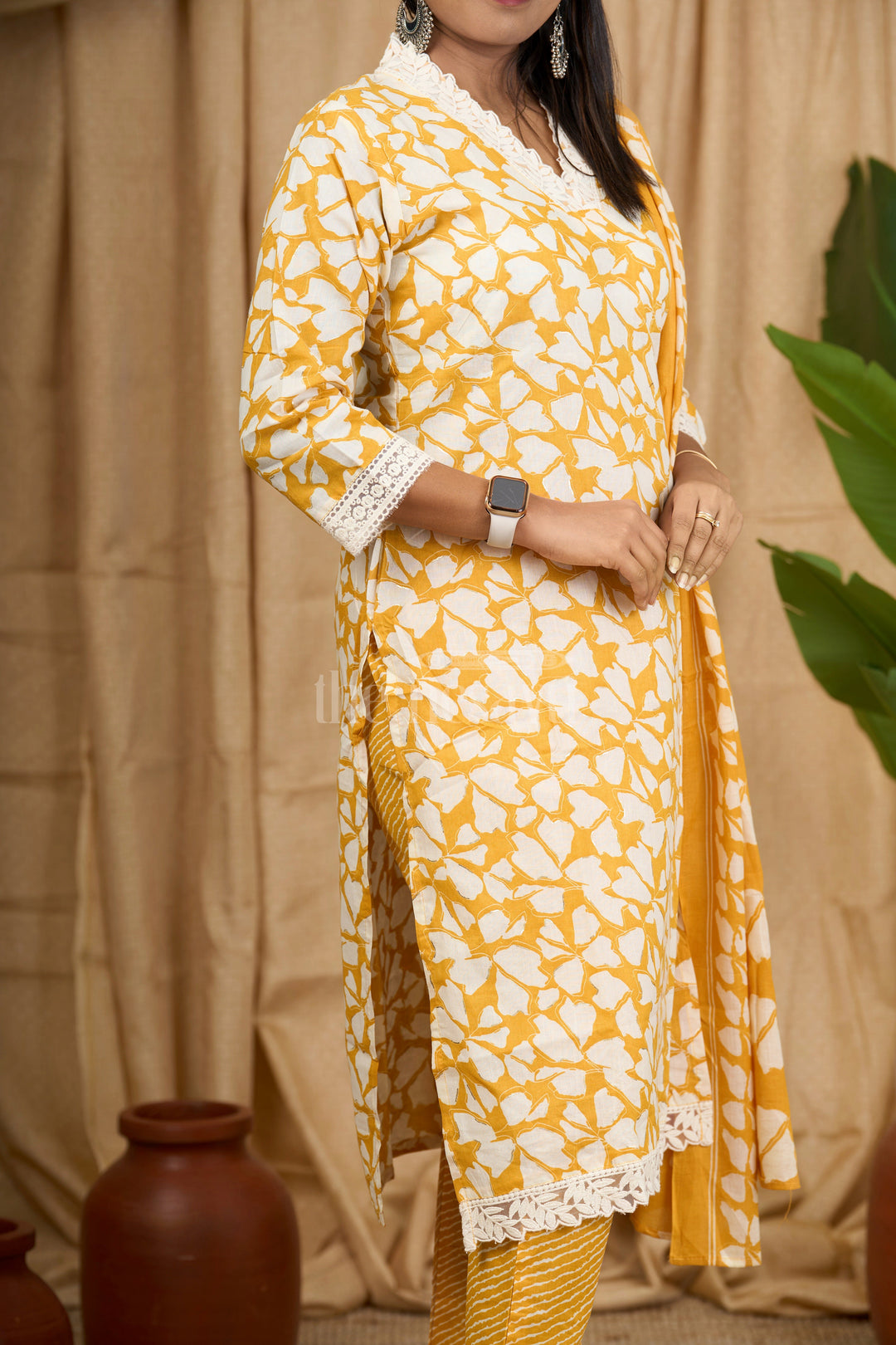 Mustard Yellow 3-Piece Cotton Straight Suit with Embroidered Neckline