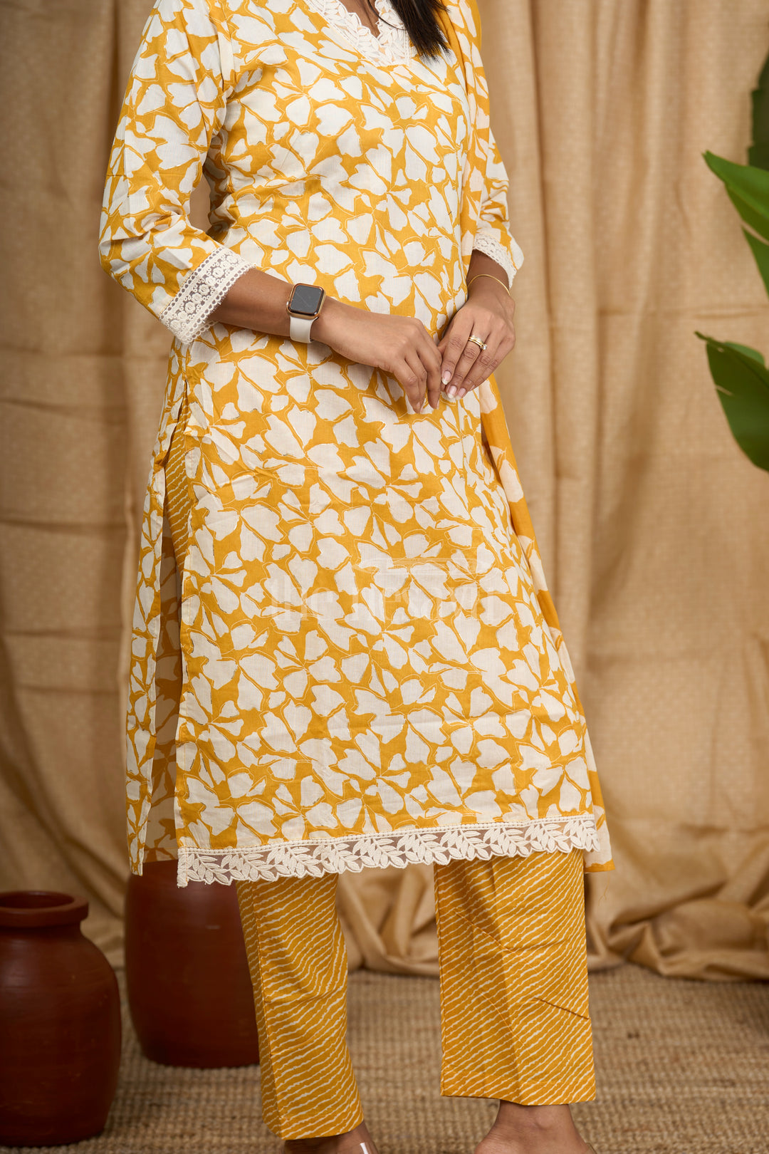 Mustard Yellow 3-Piece Cotton Straight Suit with Embroidered Neckline