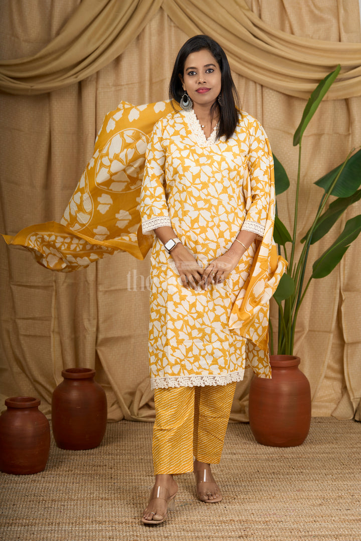 Mustard Yellow 3-Piece Cotton Straight Suit with Embroidered Neckline