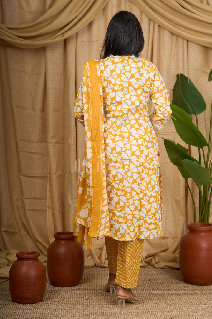 Mustard Yellow 3-Piece Cotton Straight Suit with Embroidered Neckline