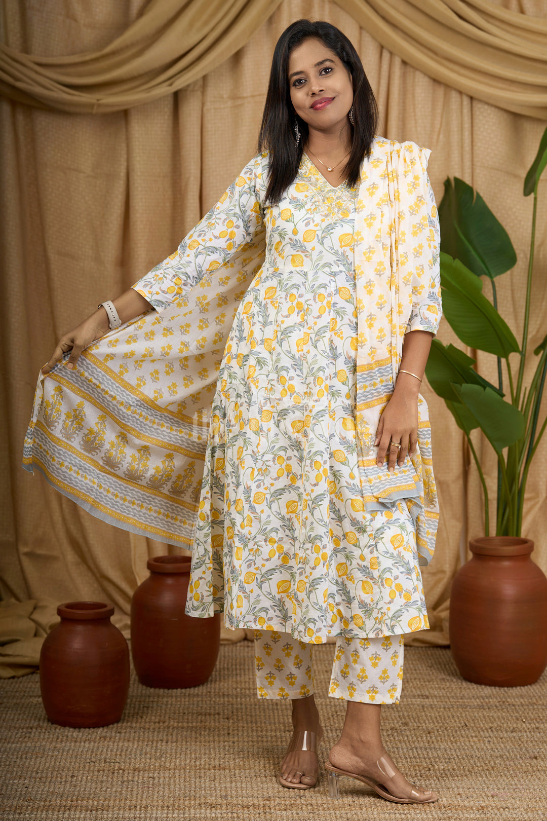 Yellow Anarkali Set with Floral Print and Embroidered Dupatta