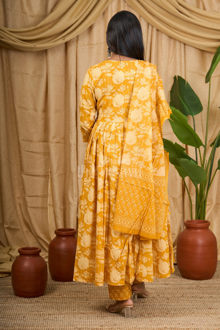 Mustard Yellow Anarkali Suit with Silver Embroidered Neckline