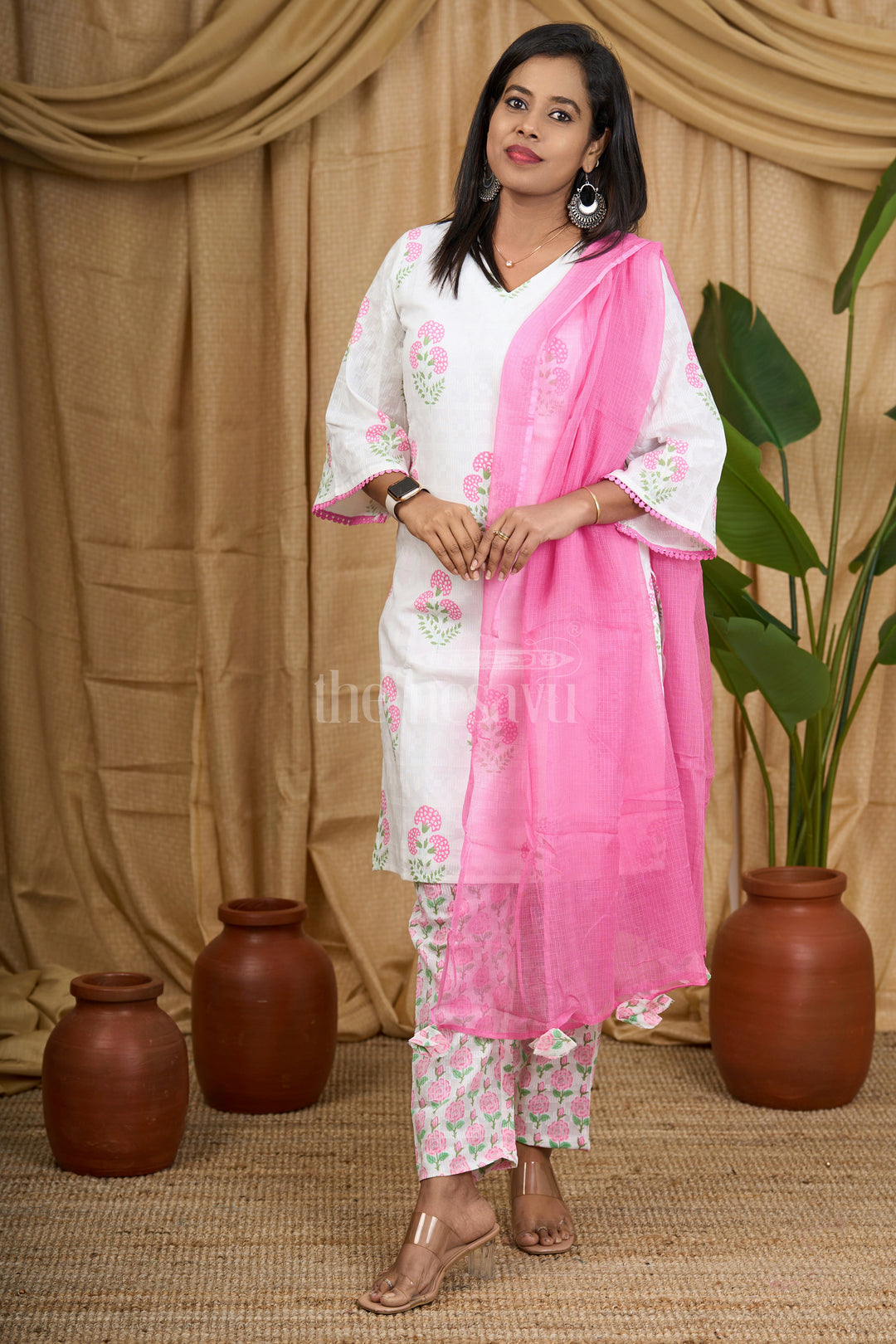 White Cotton Straight Kurta with Pink Floral Motifs and V-Neckline