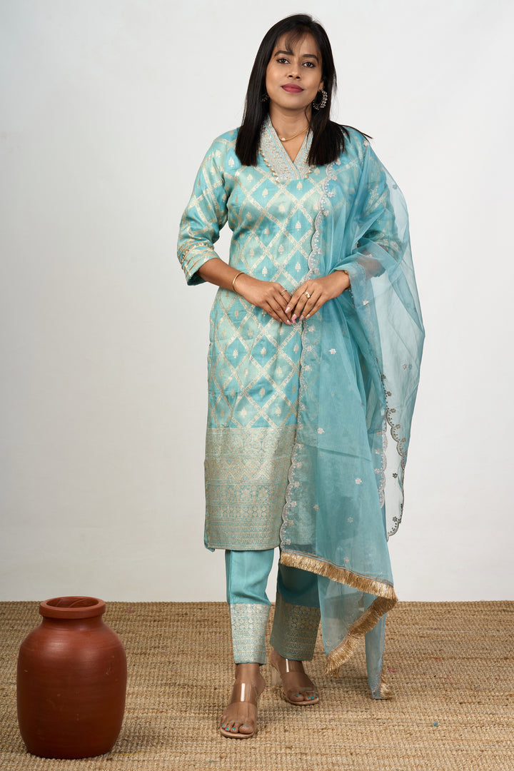 Women’s Dresses Embroidered in Aqua Art Silk with Sheer Dupatta and Detailed Neckline