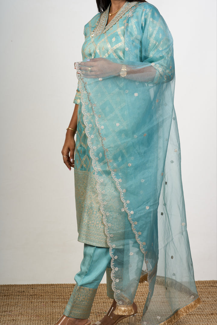 Women’s Dresses Embroidered in Aqua Art Silk with Sheer Dupatta and Detailed Neckline