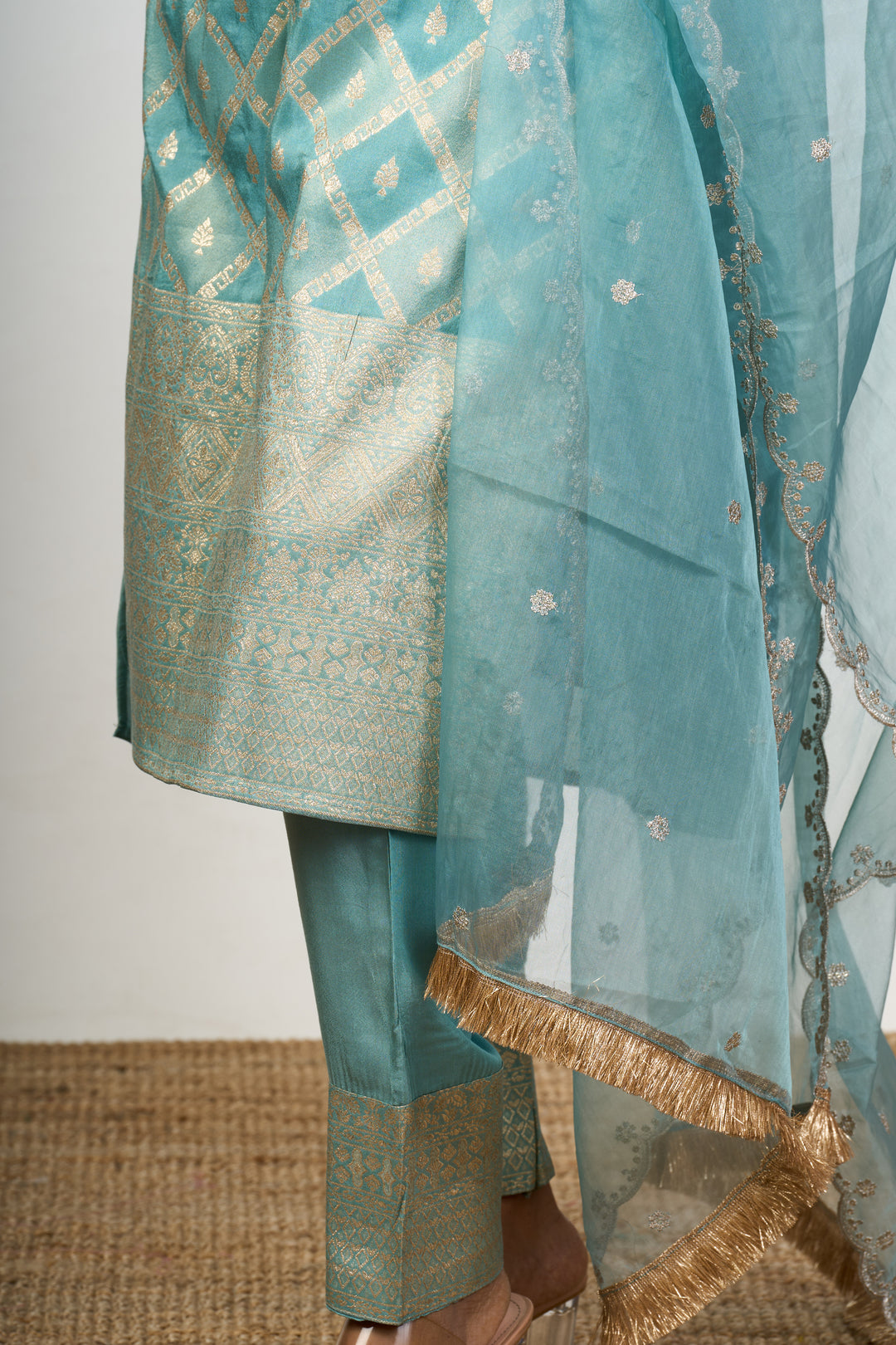 Women’s Dresses Embroidered in Aqua Art Silk with Sheer Dupatta and Detailed Neckline