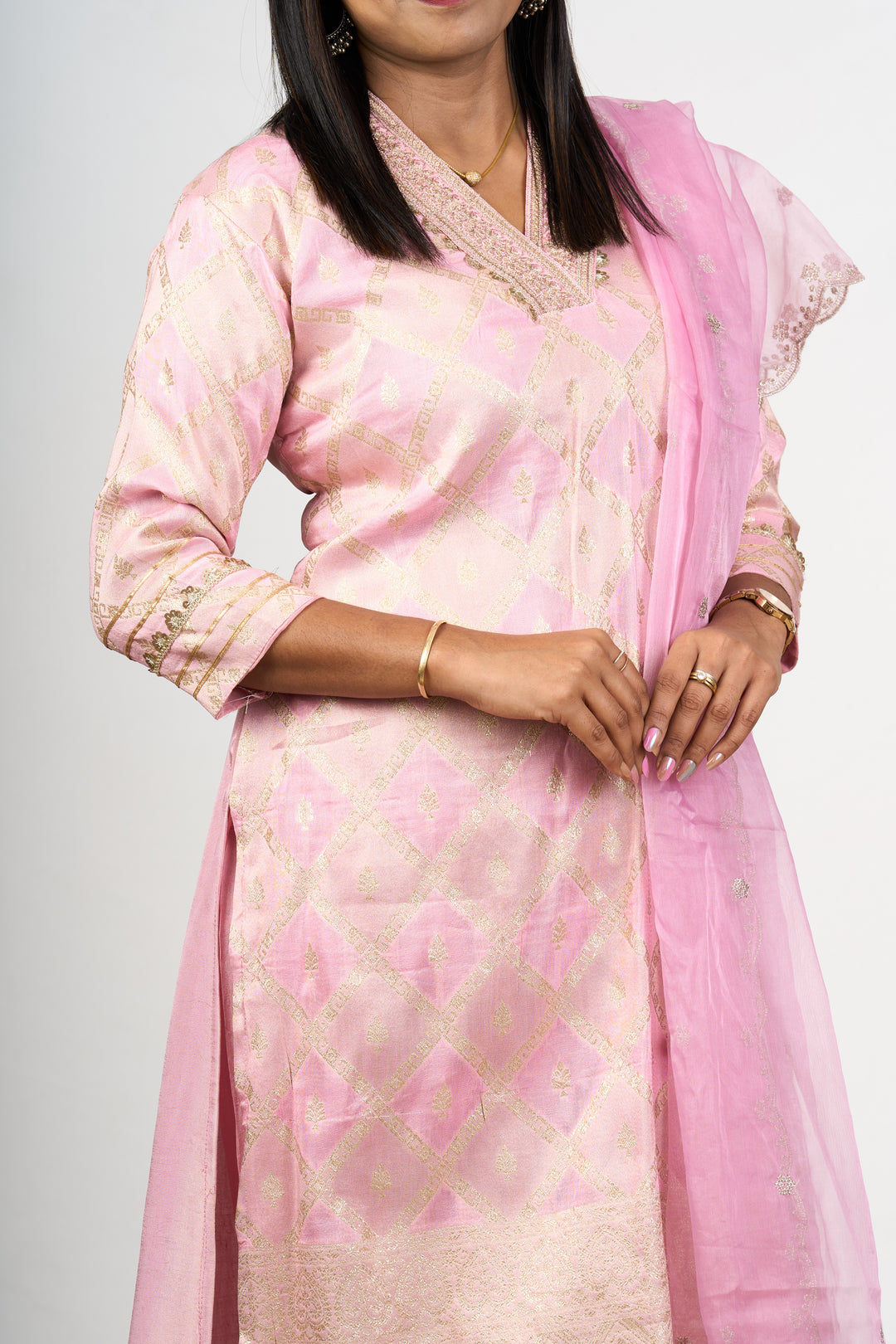 Ethnic Kurta Sets for Wedding in Pink Art Silk with Ornate Gold Accents and Dupatta