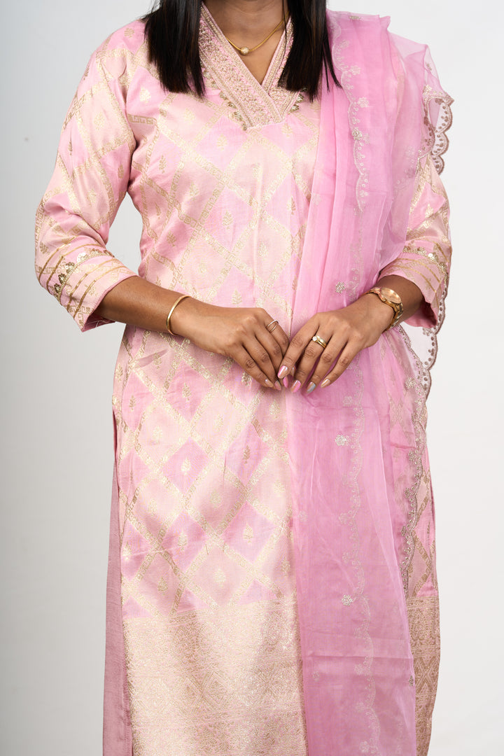 Ethnic Kurta Sets for Wedding in Pink Art Silk with Ornate Gold Accents and Dupatta