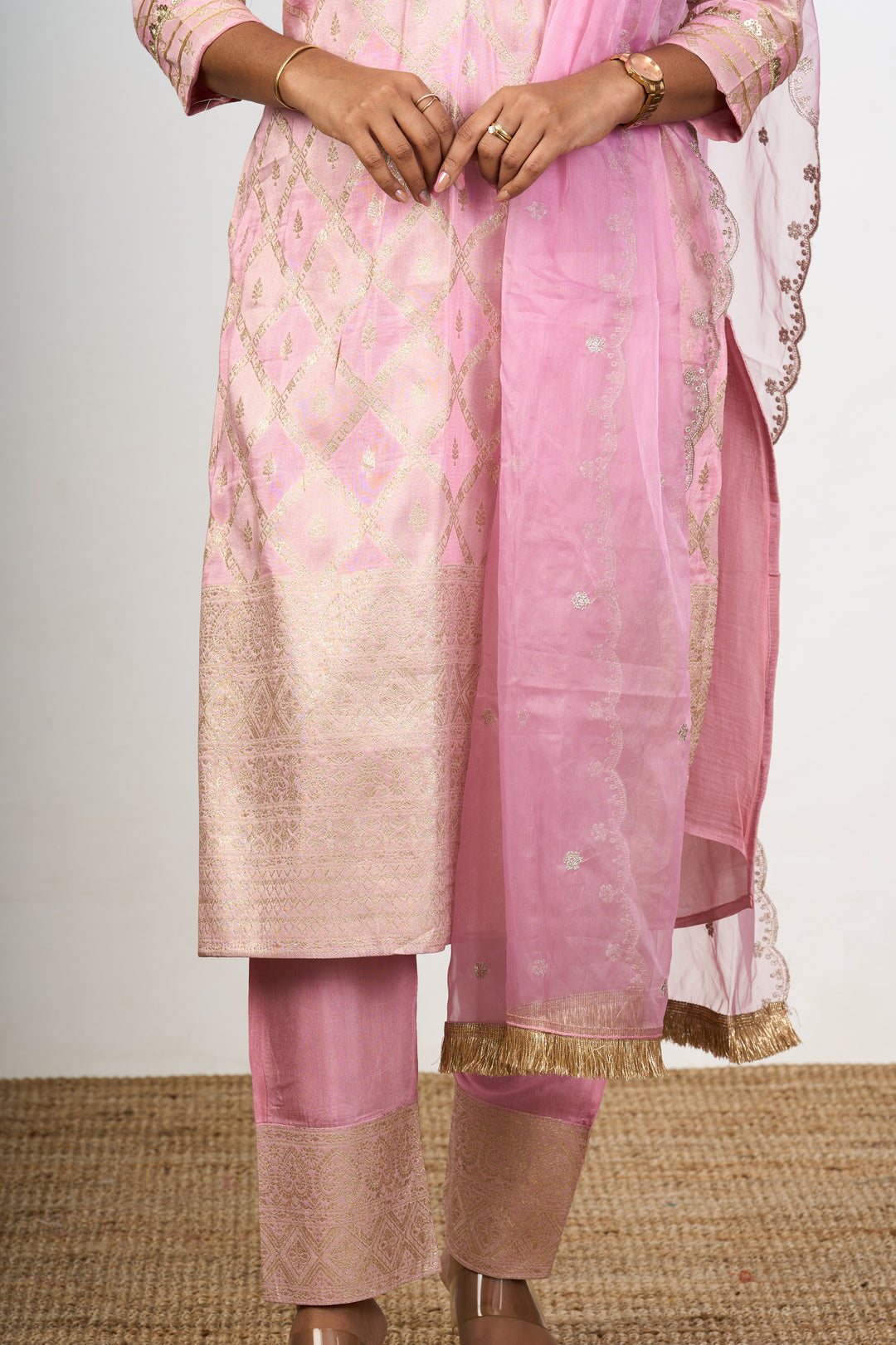 Ethnic Kurta Sets for Wedding in Pink Art Silk with Ornate Gold Accents and Dupatta