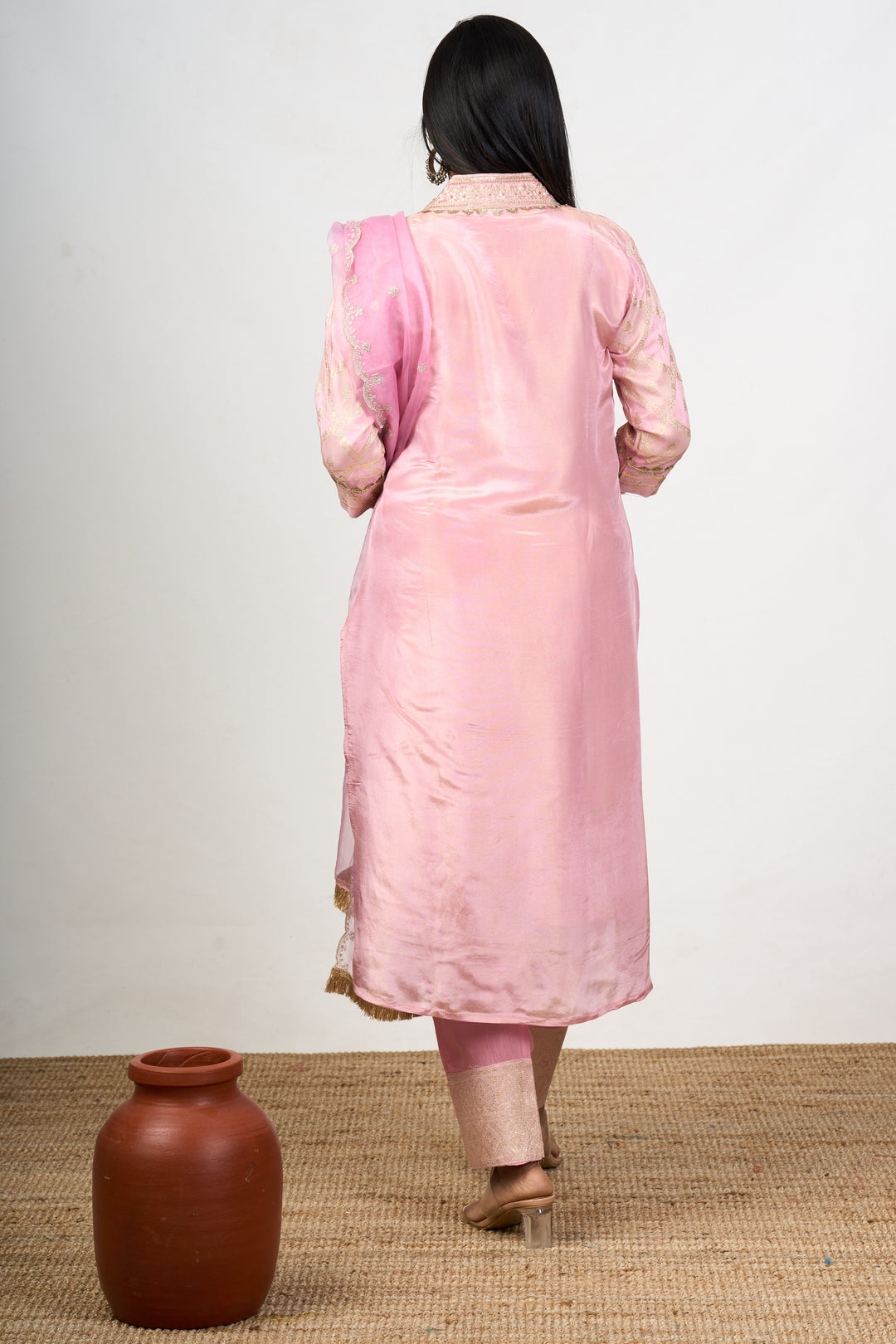 Ethnic Kurta Sets for Wedding in Pink Art Silk with Ornate Gold Accents and Dupatta