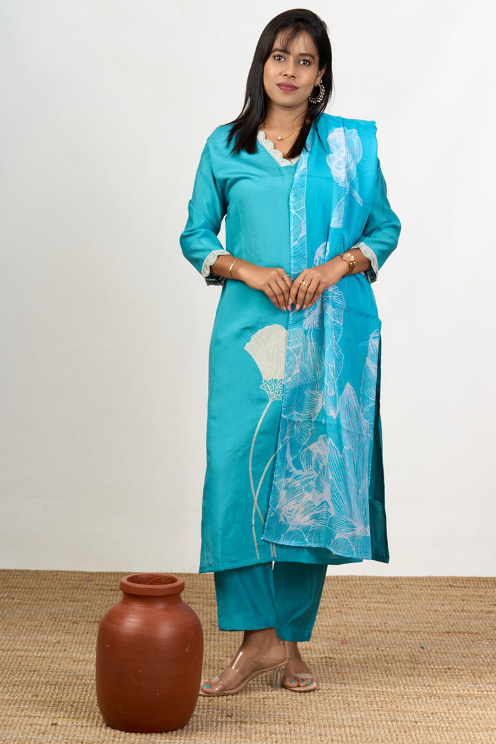 Stylish Kurta Sets for Ladies in Blue Blend Silk with Delicate Lace and Floral Details