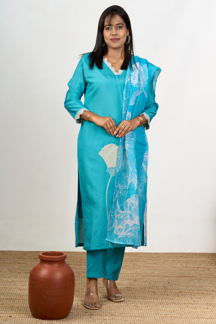 Stylish Kurta Sets for Ladies in Blue Blend Silk with Delicate Lace and Floral Details