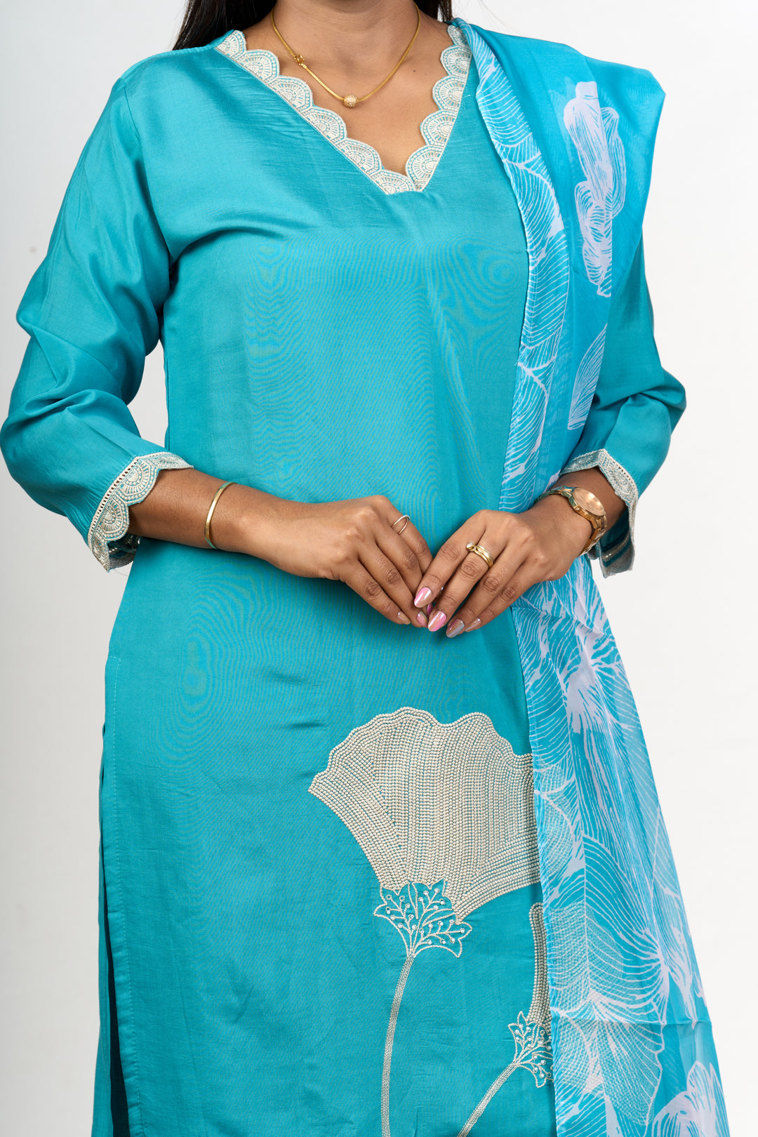 Stylish Kurta Sets for Ladies in Blue Blend Silk with Delicate Lace and Floral Details