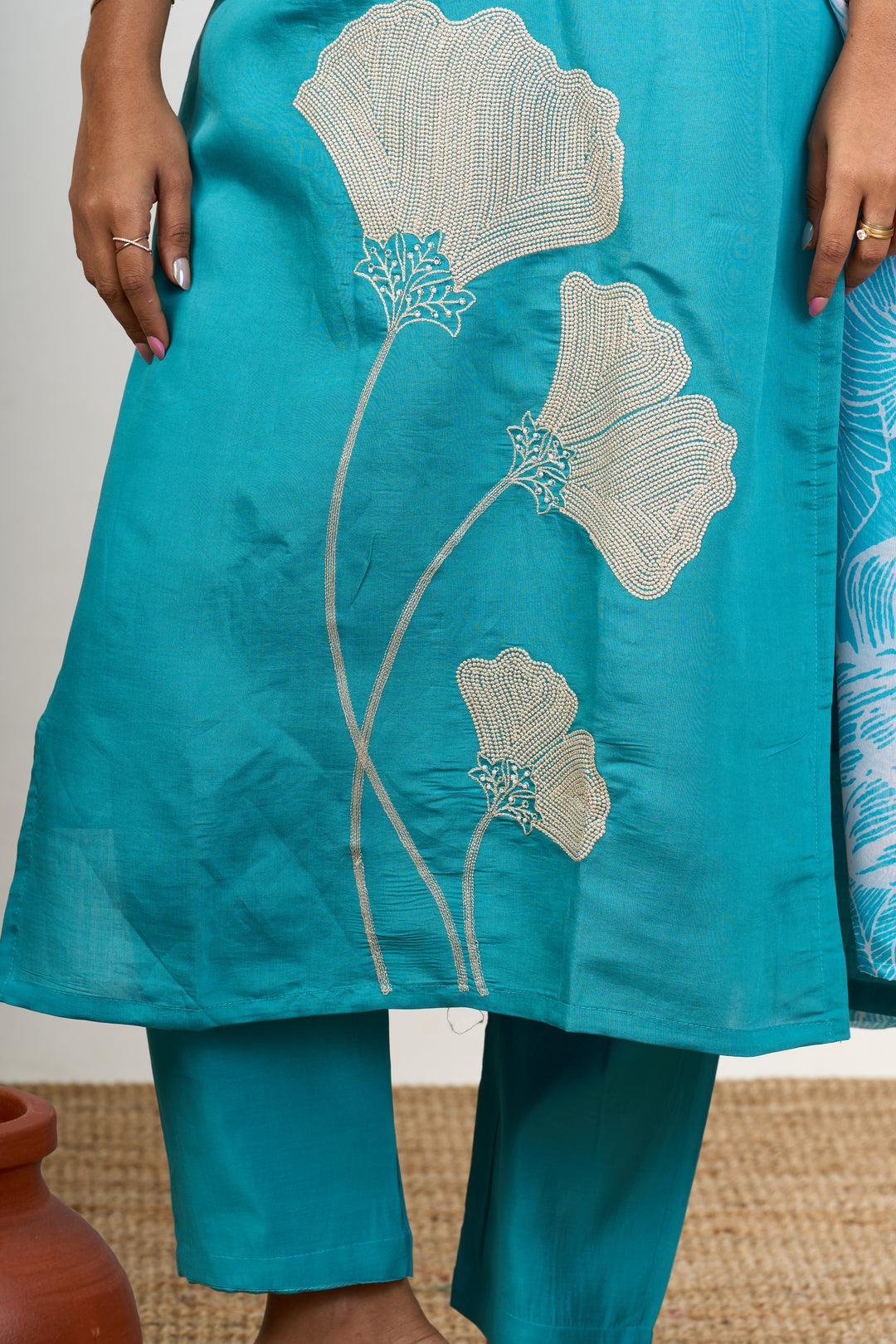 Stylish Kurta Sets for Ladies in Blue Blend Silk with Delicate Lace and Floral Details