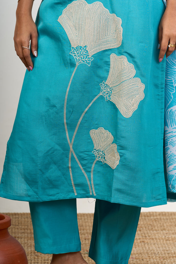 Stylish Kurta Sets for Ladies in Blue Blend Silk with Delicate Lace and Floral Details