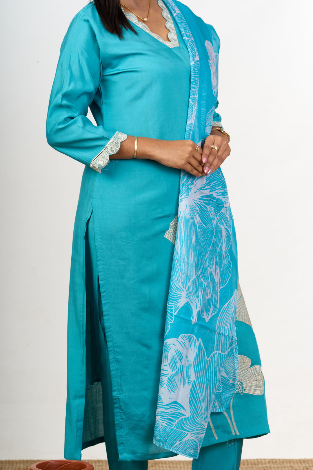 Stylish Kurta Sets for Ladies in Blue Blend Silk with Delicate Lace and Floral Details