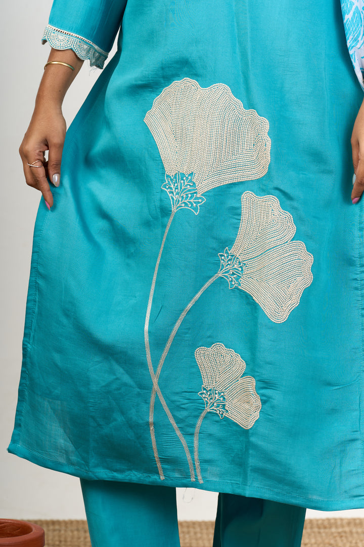 Stylish Kurta Sets for Ladies in Blue Blend Silk with Delicate Lace and Floral Details