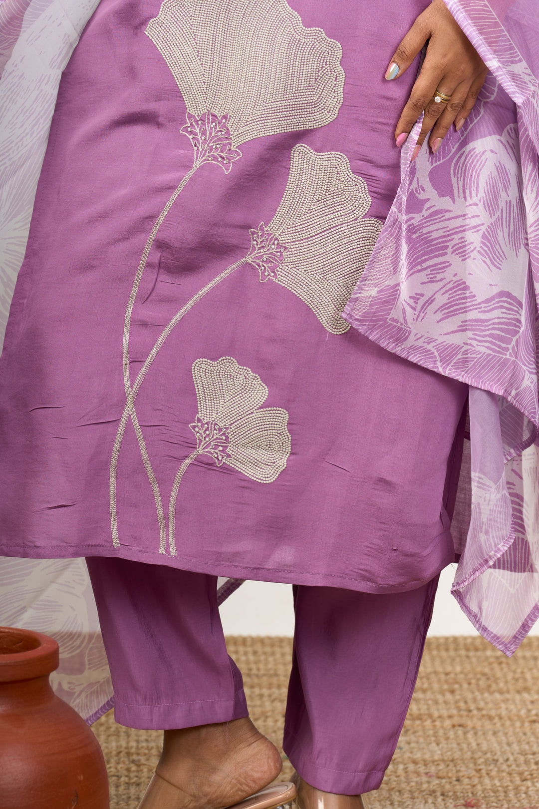 Women’s Trendy Dresses in Lavender Blend Silk with Delicate Lace and Floral Motifs