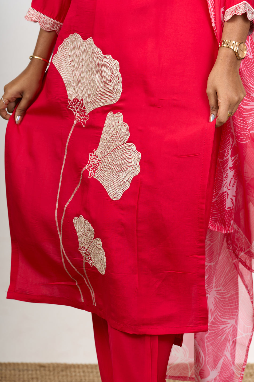 Best Women’s Dresses in Red Blend Silk with Lace Detailing and Floral Dupatta