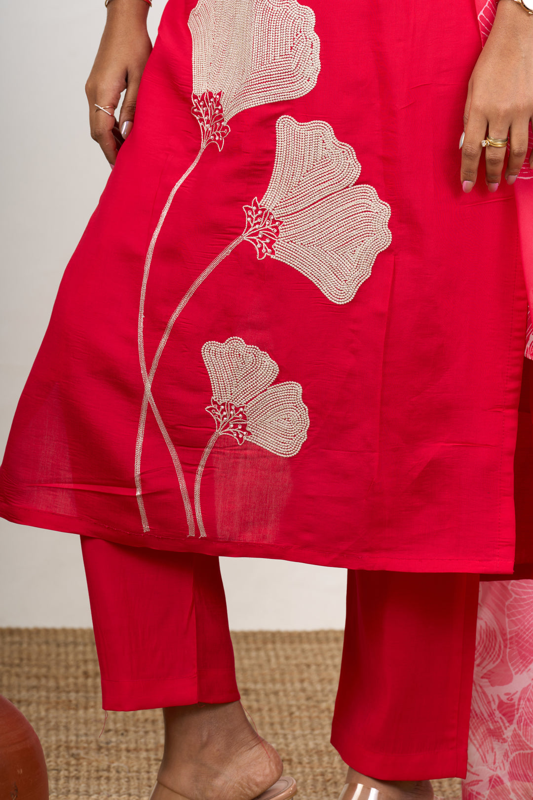 Best Women’s Dresses in Red Blend Silk with Lace Detailing and Floral Dupatta