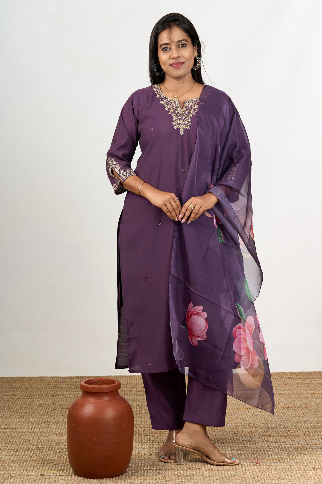 Fusion Kurta Sets in Purple Blend Silk with Embroidered Neckline and Floral Dupatta