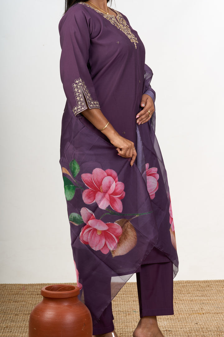 Fusion Kurta Sets in Purple Blend Silk with Embroidered Neckline and Floral Dupatta