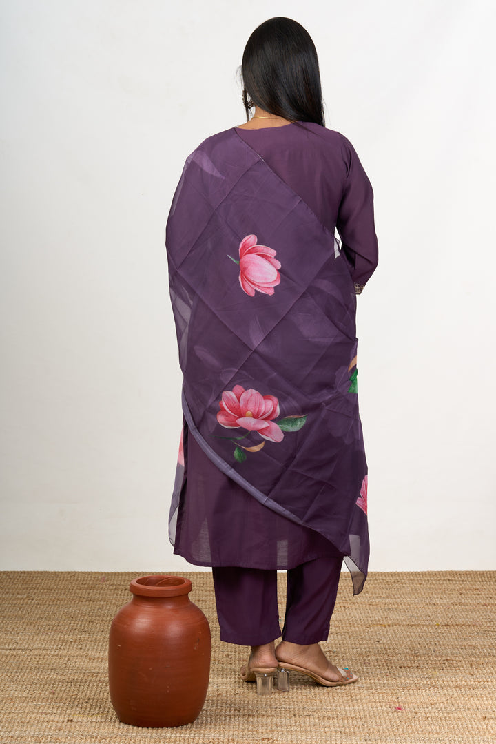 Fusion Kurta Sets in Purple Blend Silk with Embroidered Neckline and Floral Dupatta