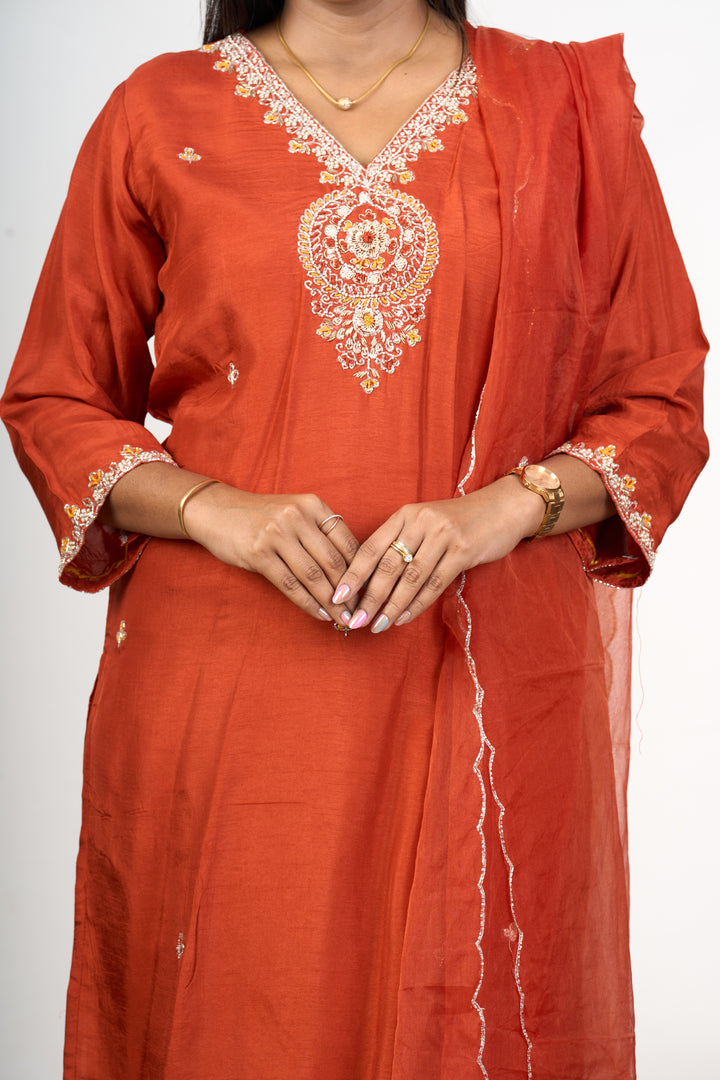 Wedding Wear Kurta Sets in Orange Art Silk with Intricate Embroidery and Matching Dupatta