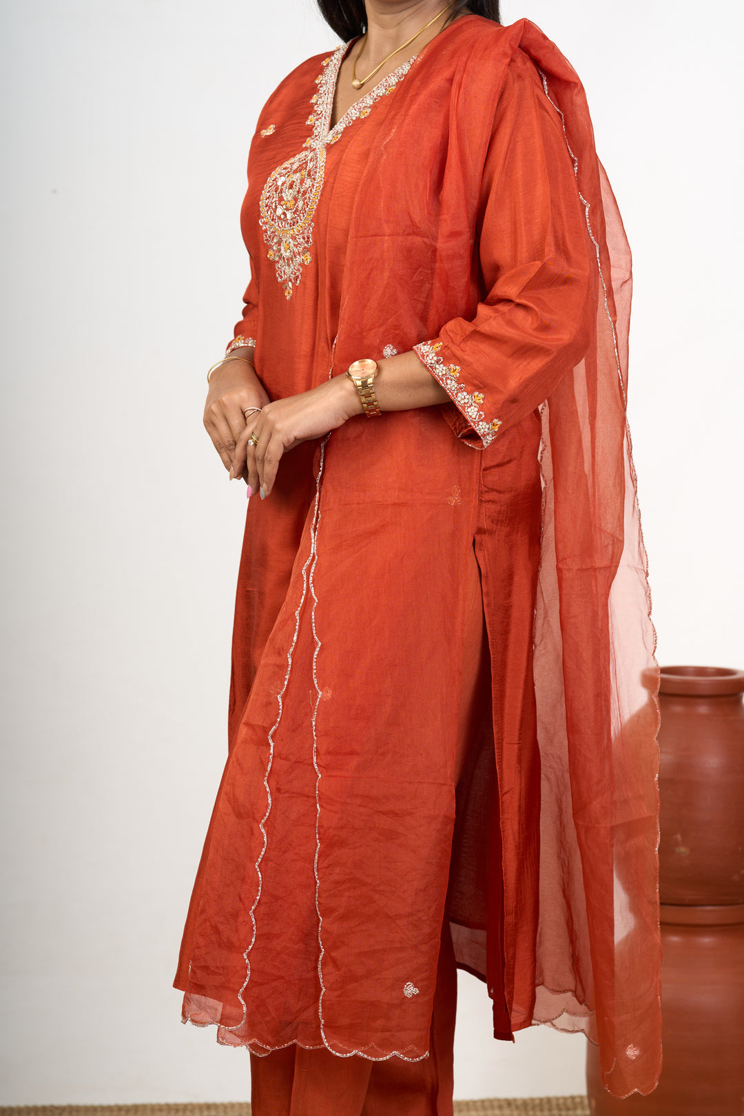 Wedding Wear Kurta Sets in Orange Art Silk with Intricate Embroidery and Matching Dupatta