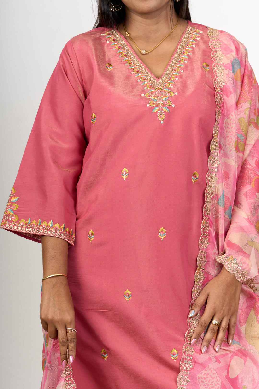 Women’s Christmas Day Dress in Peach Blend Silk with Embroidery and Printed Dupatta