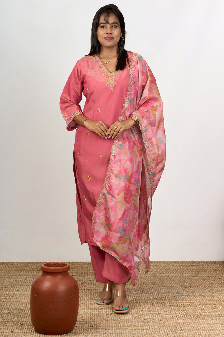 Women’s Christmas Day Dress in Peach Blend Silk with Embroidery and Printed Dupatta